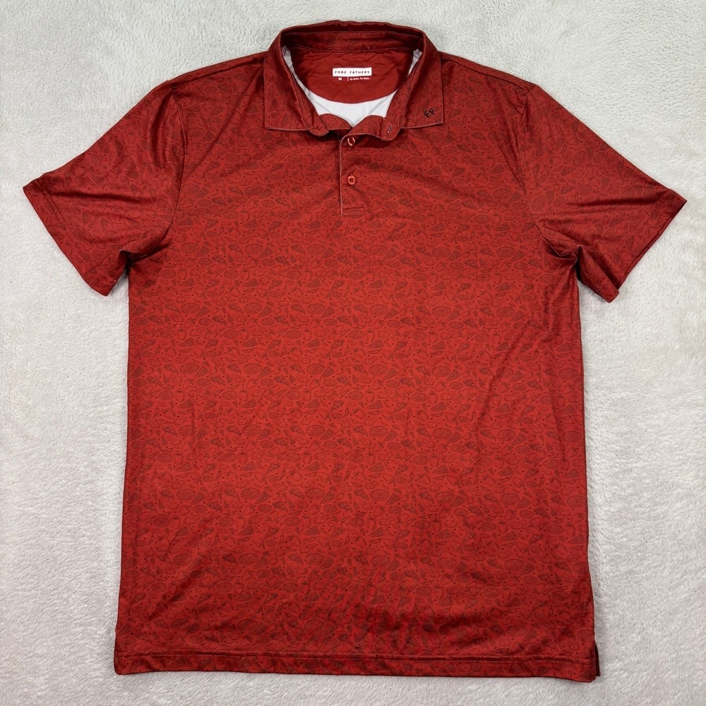 Fore Fathers Men's Medium Polo Shirt Red Pizza Print Golf Casual Sport Preppy